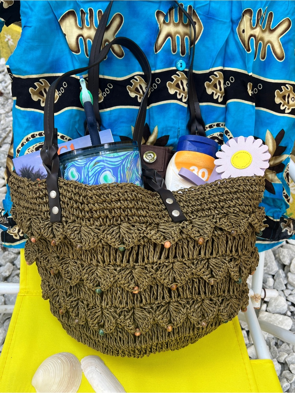 Woven Crochet Beach Tote Bag in Olive Green
